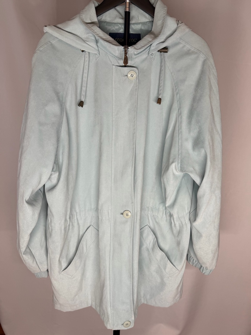 London Fog Pale Light Blue Hooded Rain Utility Jacket Coat Women's XL Drawstring